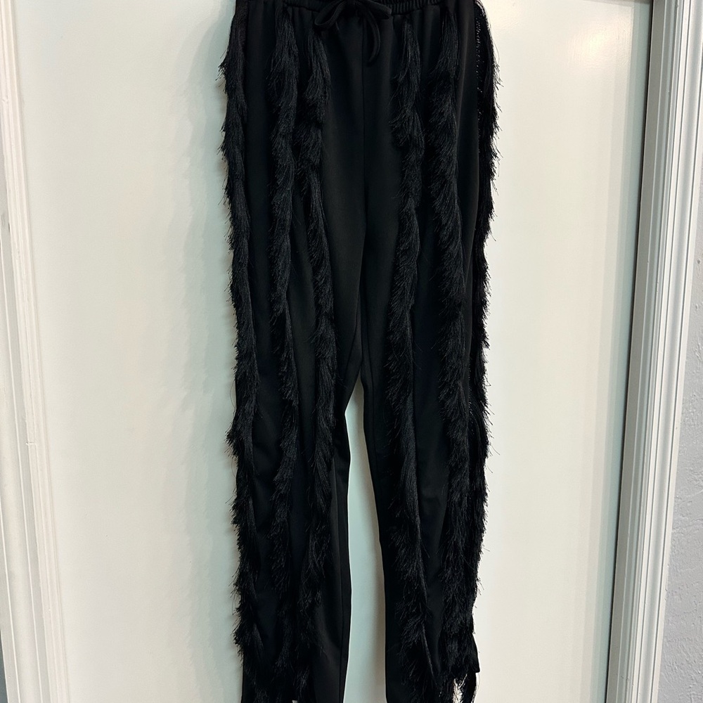 Beulah Black Fringe Pants size S clubbing date night joggers elastic waist